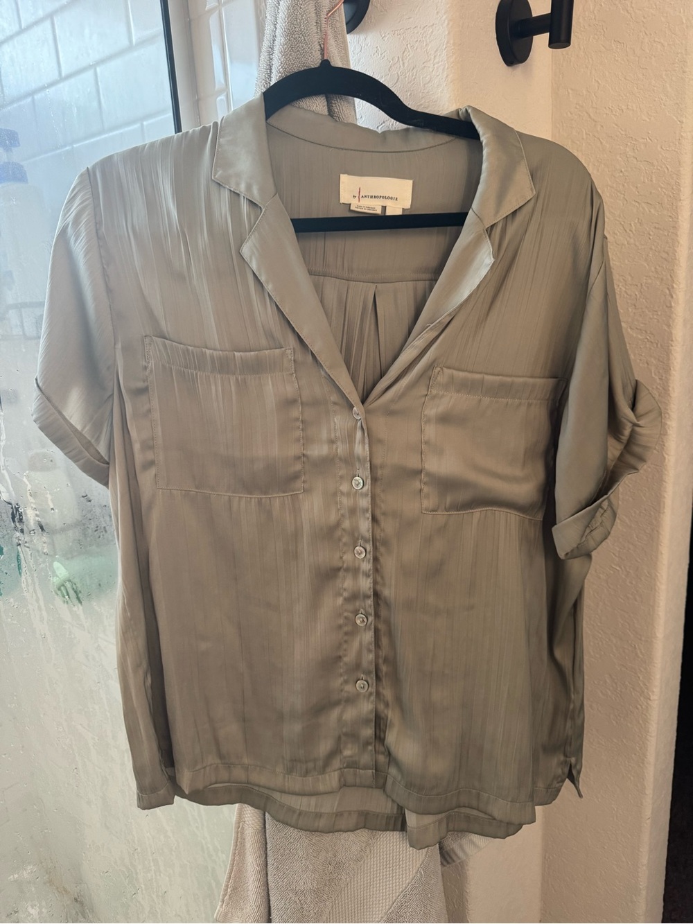 Anthropologie Sage Green Short Sleeve Button-Front Blouse
